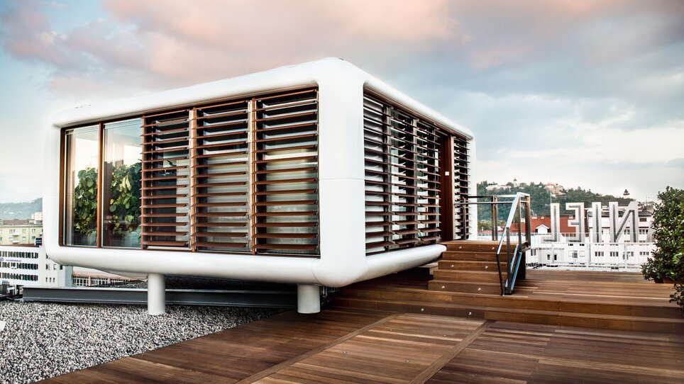 Das Hotel Daniel Graz mit moderner Architektur und Holzverkleidung. | © Florian Weitzer Hotels & Restaurants