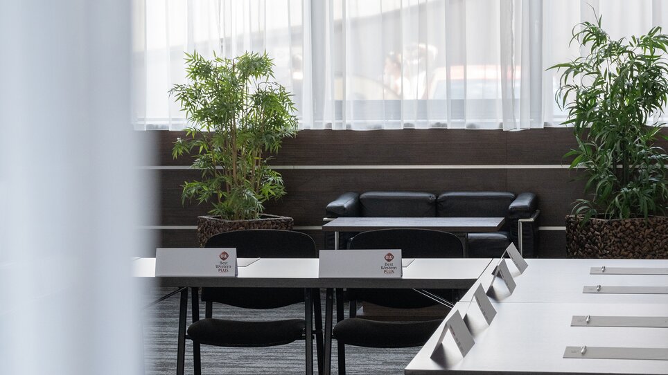 Business-Treffen in einem modernen Raum mit Pflanzen und Tischen im PLAZA INN Graz City. | © PLAZA INN Graz City