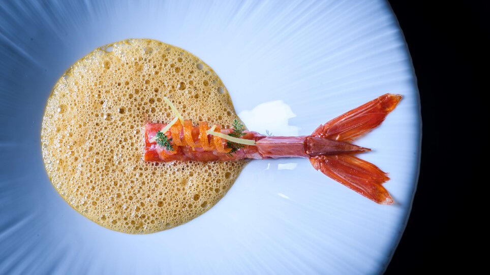 Un piatto di gamberi elegantemente impiattato con schiuma e decorazione al ristorante Zur Goldenen Birn nel'Parkhotel Graz. | © Philipp Lihotzky