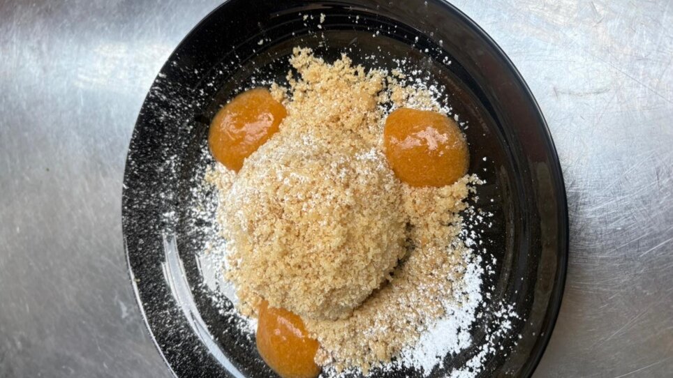 Ein Dessert mit Marillenknödeln unter einem Berg aus feinen Keksbröseln, umgeben von Fruchtpüree serviert im Stubenberghaus. | © Stubenberghaus