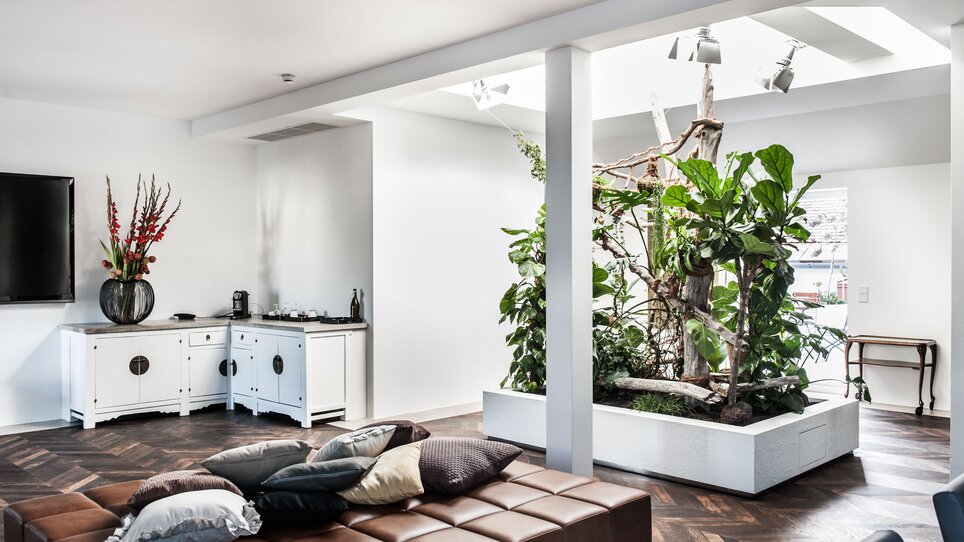 Helle Wohnlandschaft mit Pflanzen und modernen Möbeln im Hotel Weitzer. | © Florian Weitzer Hotels & Restaurants