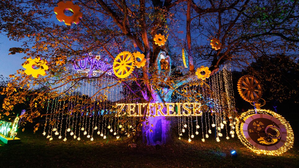 Ein mit Lichtern geschmückter Baum mit dem Schriftzug 'ZEITREISE'. | © Erwin Scheriau