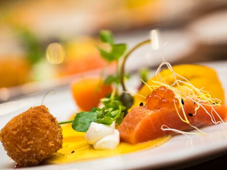 An elegant plate featuring salmon, vegetables, and a crispy ball. | © Revita Gastronomie Ges.m.b.H