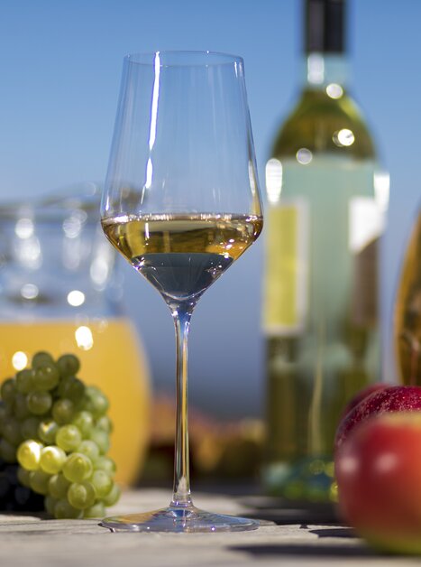 Ein Glas Wein steht neben Trauben, Äpfeln und einem Kürbis im Freien bei Tageslicht. | © Steiermark Tourismus - Harry Schiffer