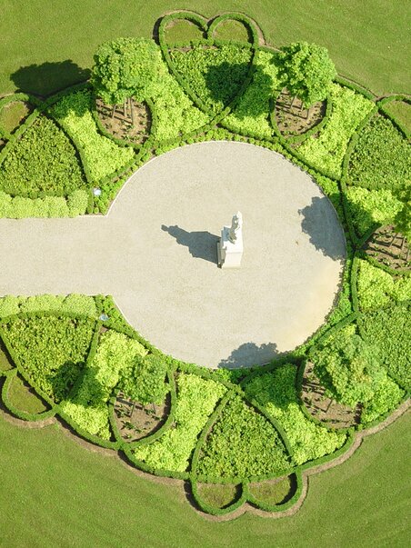 Aerial view of the park around Eggenberg Palace in Graz featuring circular garden beds. | © Ready & Sky