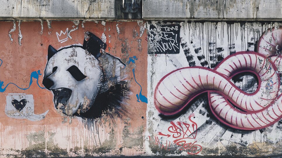 Wandmalerei mit einem Panda-Kopf und einem Wurm auf einer Mauer. | © Adeline Gressin