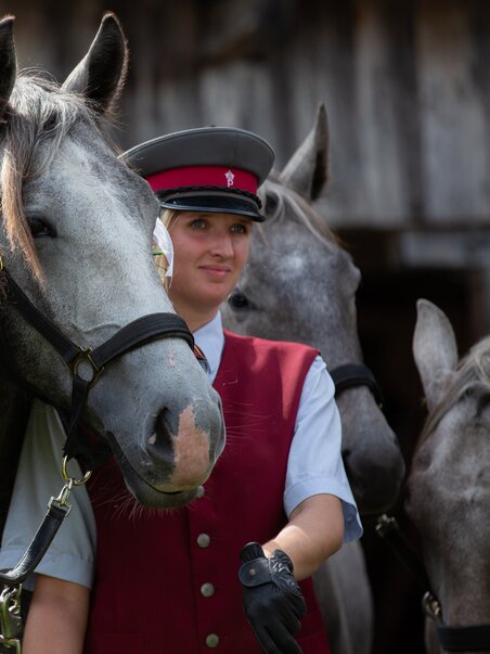 Die Szene zeigt zwei Lipzizaner mit Girlanden und eine Frau in Tracht. | © SRS-Sabrina Mallick