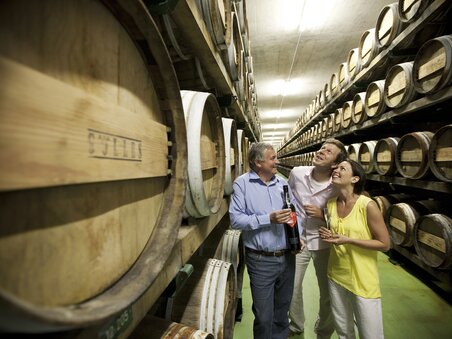 Three people in a vinegar cellar among wooden barrels. | © Weinland Steiermark  Harald Eisenberger