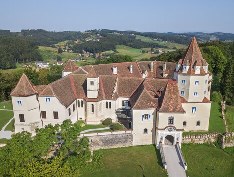 Aerial view of Kornberg Castle in the Styrian nature. | © Bardeau - Fotograf Franz Suppan