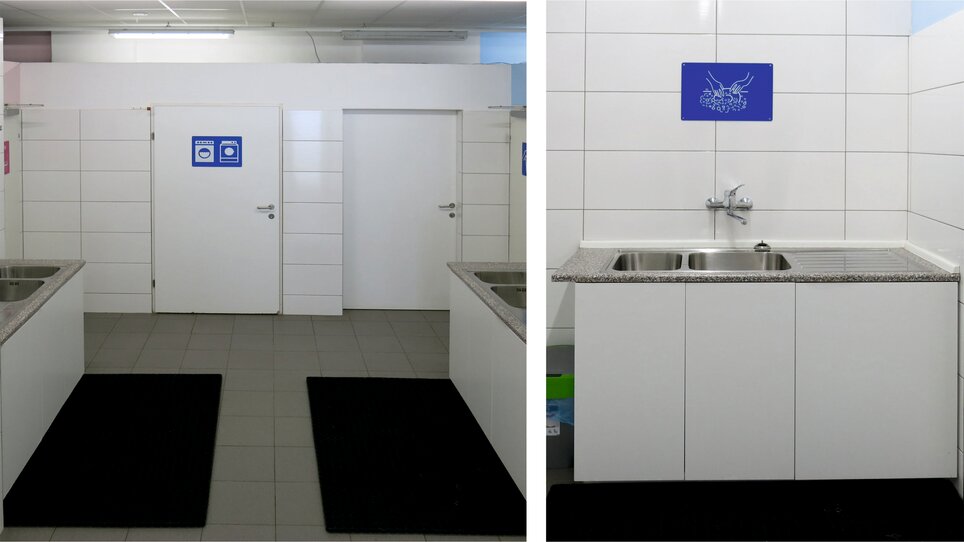 Blick in Sanitärbereiche und Ecke einer Spüle mit Wasserhahn am Reisemobil-Stellplatz Graz. | © Alfred Chyba