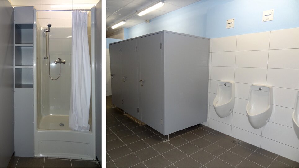 Dusche und Toilettenanlage mit Urinalen in einem Sanitärräum des Reisemobil-Stellplatzes Graz. | © Alfred Chyba