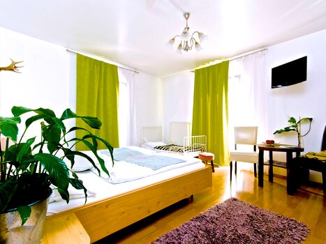 Light-filled room with double bed and plants. | © Zur Steirerstubn