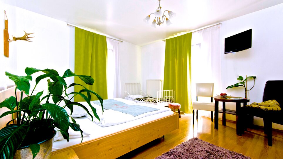 Light-filled room with double bed and plants. | © Zur Steirerstubn
