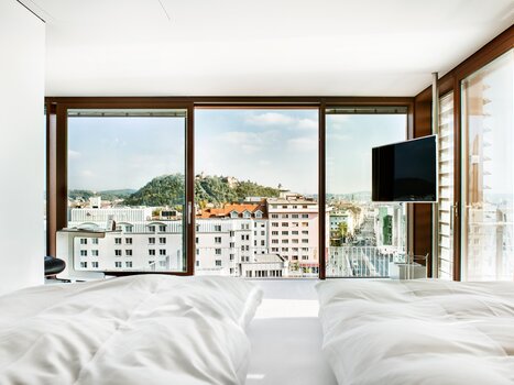 View of Graz and the Graz Clock Tower from the hotel room. | © Weitzer Hotels