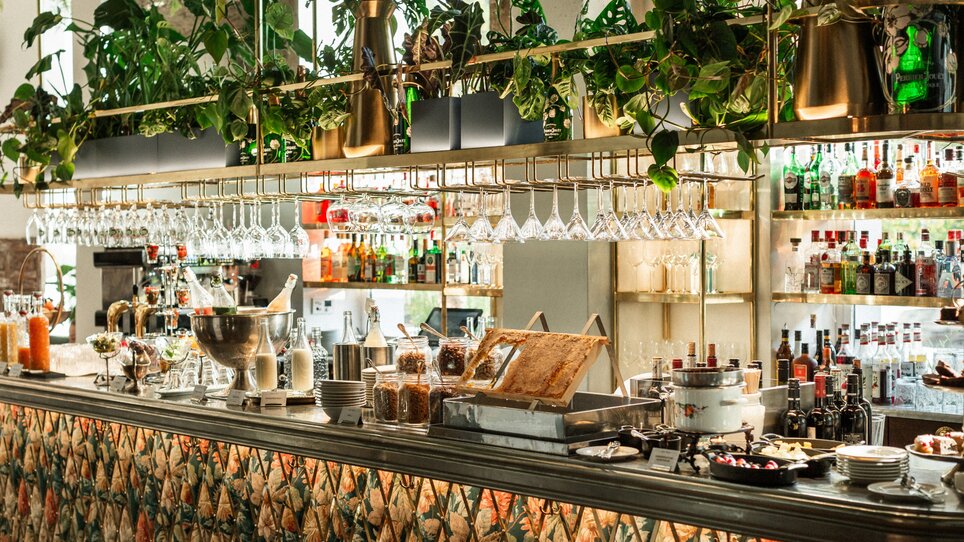 Ein gut sortierter Barbereich mit Pflanzen, Gläsern und diversen Speisen. | © Grand Hotel Wiesler