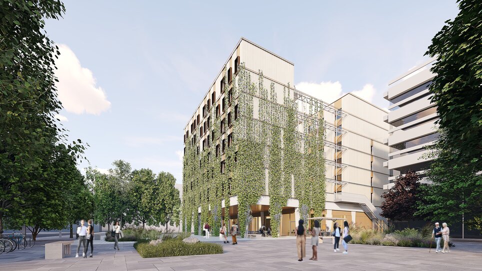 Vista esterna di Harry's Home Graz Smart City con pareti verdi. | © Harrys Home Graz Smart City