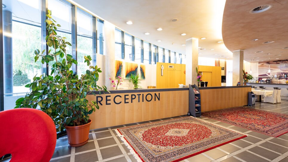 Bright reception area with plants and rug. | © Harry Schiffer