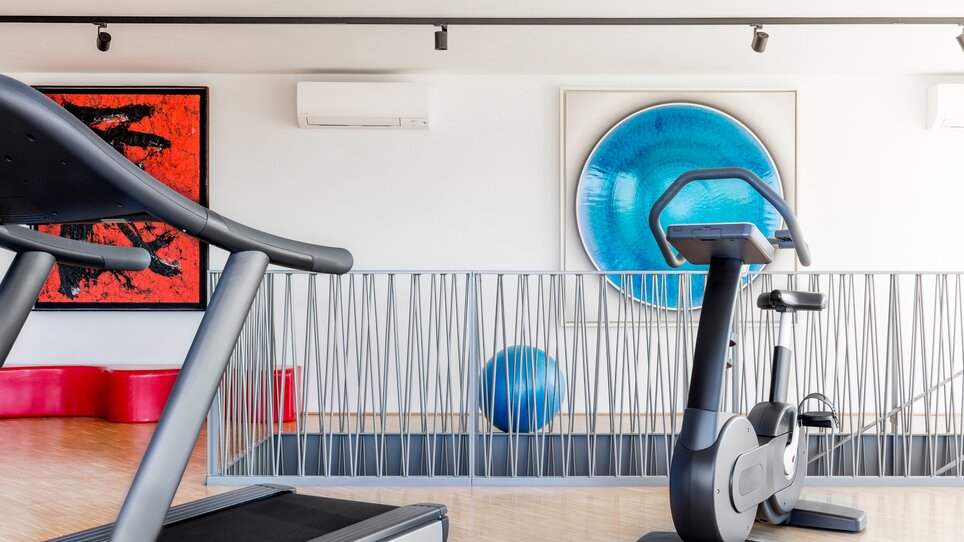 Attrezzature moderne per il fitness in una stanza elegante con opere d'arte. | © Lendhotel