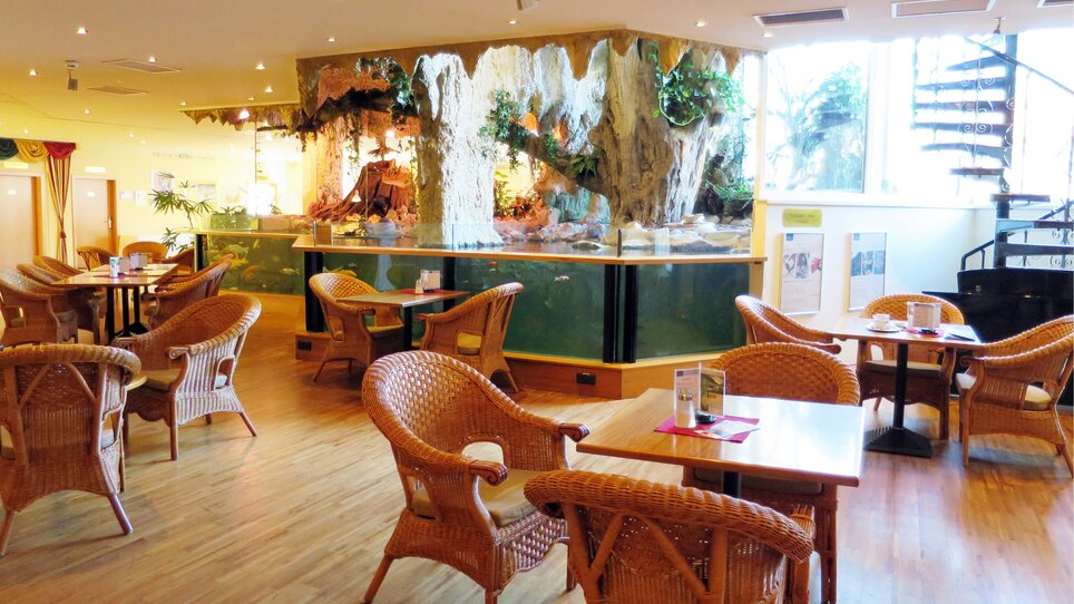 Un ristorante luminoso con mobili in rattan e piante. | © Novapark