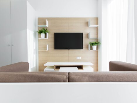 Soggiorno luminoso con divano, TV e piante. | © sHome Hotel